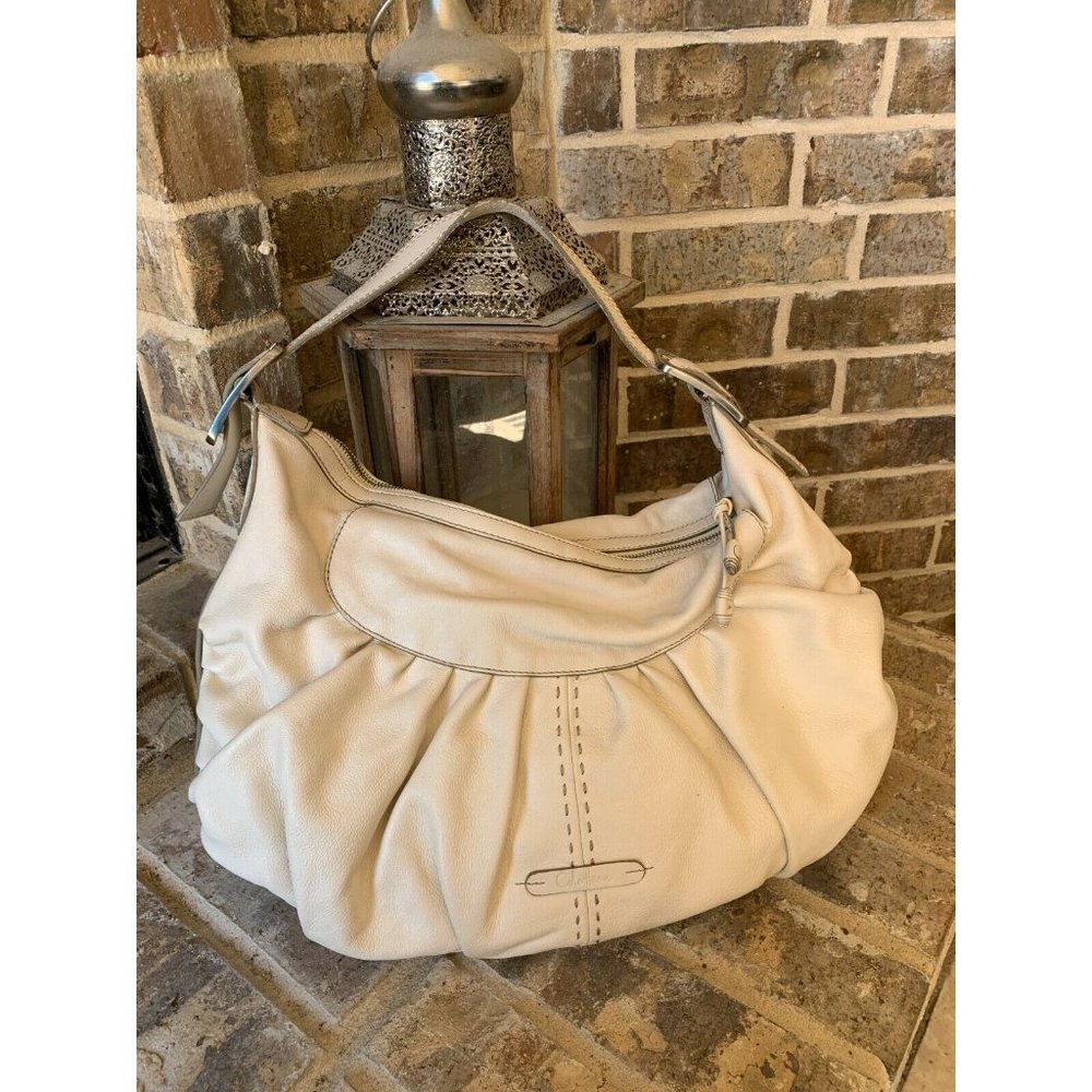 Cole Haan Large Hobo bag purse ivory leather thick strap pockets inside